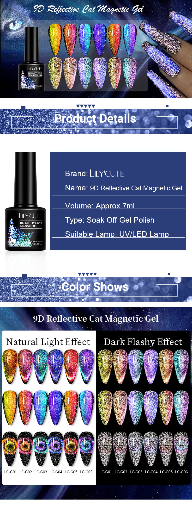 LILYCUTE 7ml 9D Reflective Cat Magnetic Nail Gel Soak Off Nail Art Gel  Polish Manicuring UV Gel Varnish