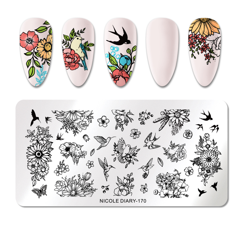 NICOLE DIARY Flower Nail Stamping Plates Rectangle Stainless Steel Nail Art  Image Stamp Stencils 170