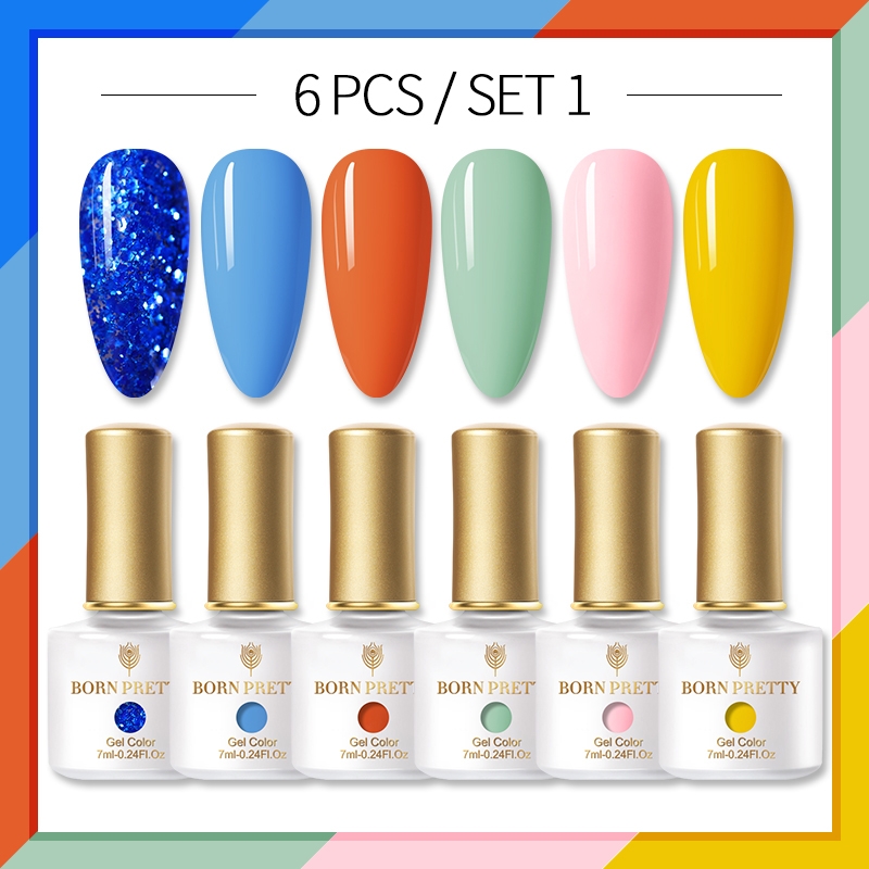 BORN PRETTY 7ml 6Pcs Gel Nail Polish Set Glitter Sequins Semi