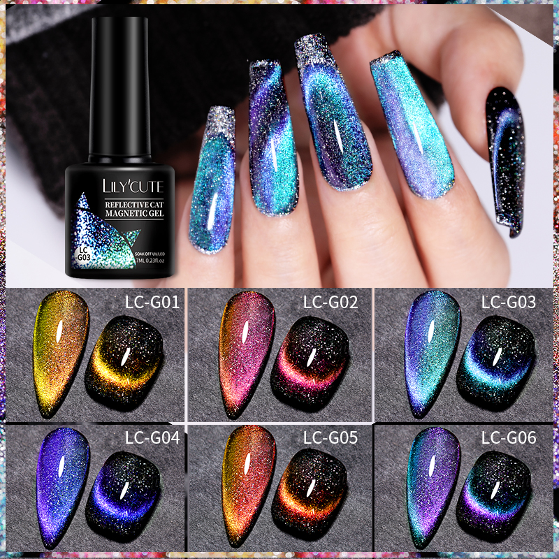 LILYCUTE 7ml 9D Reflective Cat Magnetic Nail Gel Soak Off Nail Art Gel Polish Manicuring UV Gel