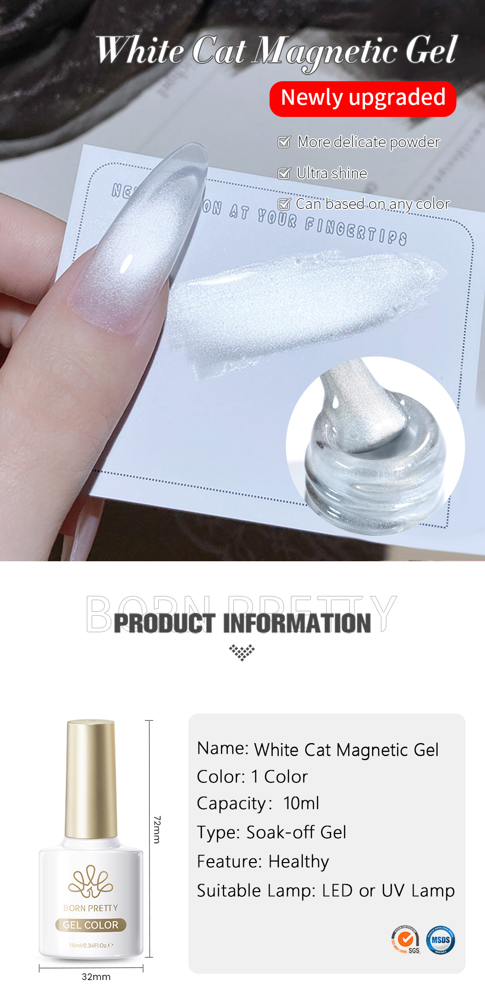 BORN PRETTY 10ml Super Delicate White Cat Magnetic Gel Nail Polish