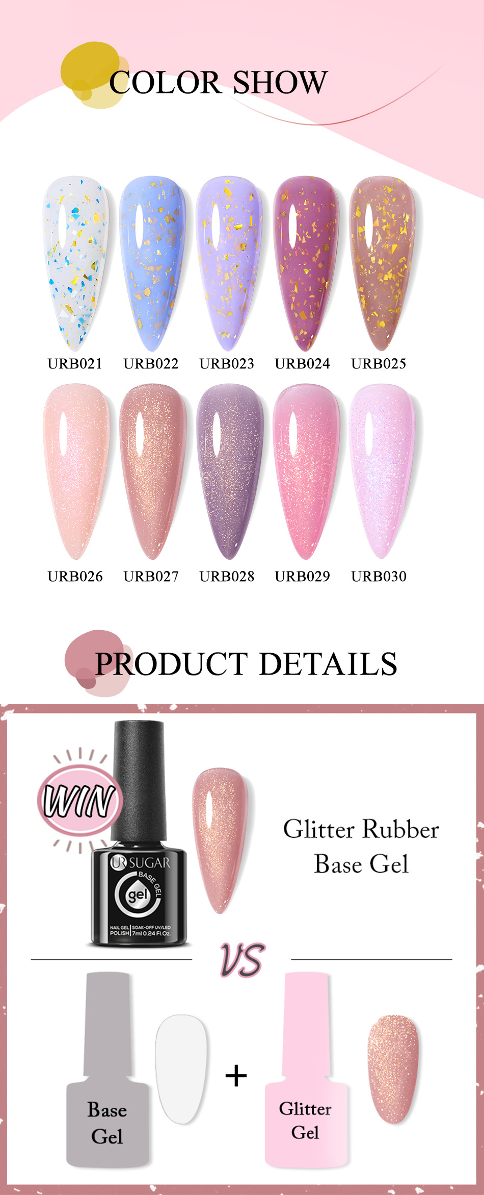 UR SUGAR 7ml Milky Jelly White Glitter Rubber Base Gel Polish Pink