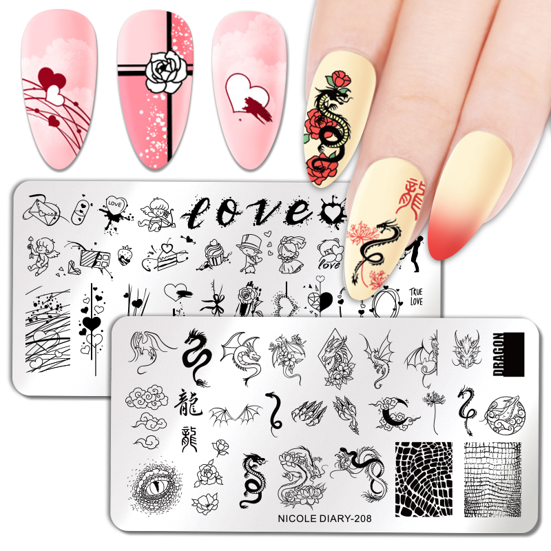 NICOLE DIARY Nail Stamping Plates Valentines Day Dragon Lines