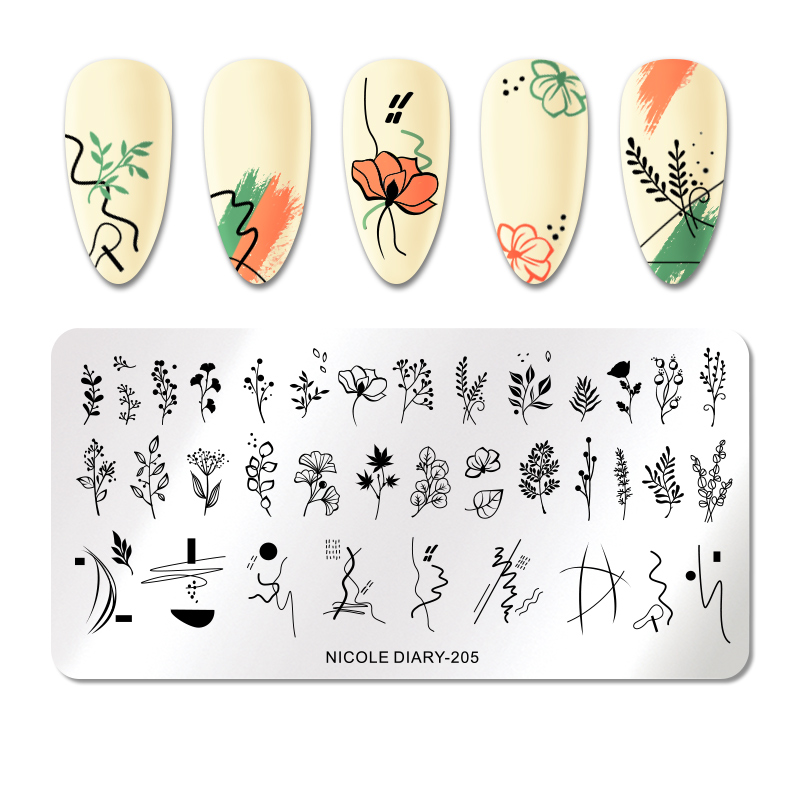 NICOLE DIARY Nail Stamping Plates Rectangle Stainless Steel Nail Art Leaf  Flower Stamp Stencils 205