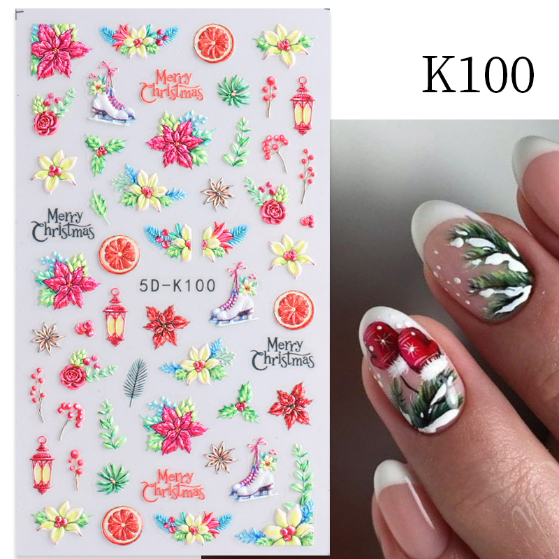 5D Weihnachts-Nagelsticker – 3 Blätter Mit Geprägten Motiven, Selbstklebend Für Nageldesign