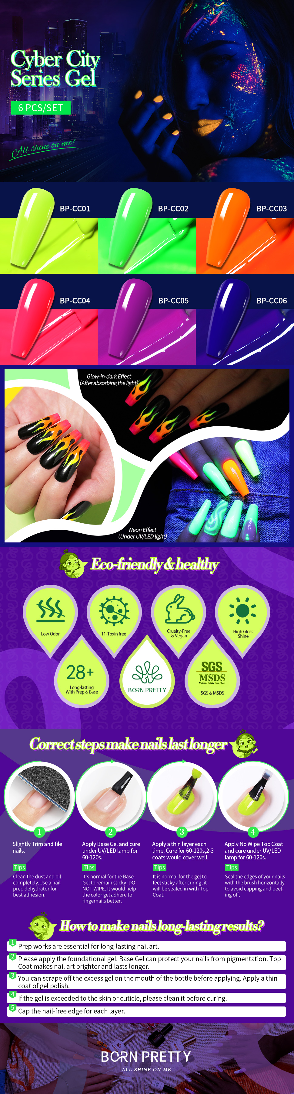 BORN PRETTY New Design 6pcs/set 10ml Neon Fluorescent Glow-in-dark Gel Nail  Polish Kit