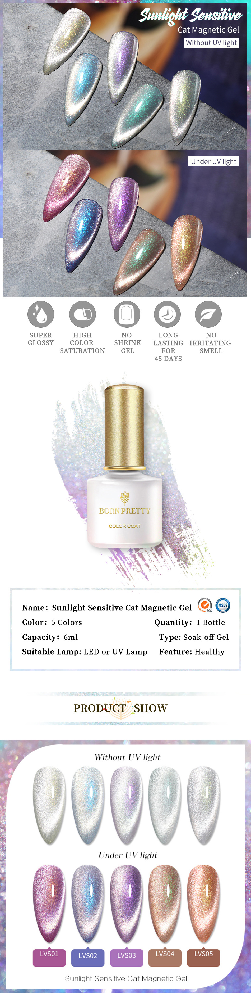 BORN PRETTY 1 Bottle Sunlight Sensitive Cat Magnetic Gel